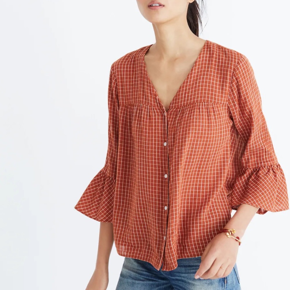MADEWELL Veranda Bell-Sleeve Shirt in Windowpane XS